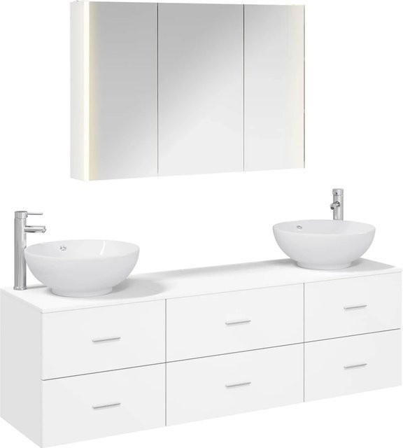 vidaXL Badezimmermöbel-Set 4-teilig in Weiß, modern mit Spiegelschrank, Wandschrank, LED-Beleuchtung und Glas - Bild 1