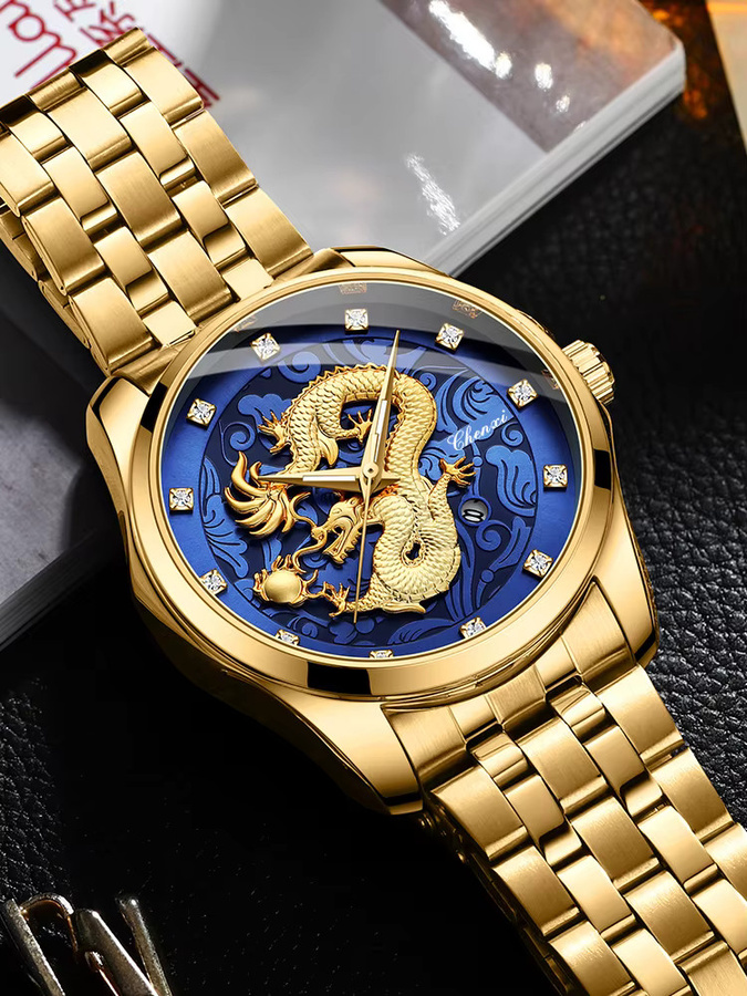 CHENXI Armbanduhr Edelstahl, Gold, Quarz, Herren, Blau, Datum, Leuchtzeiger - Bild 4