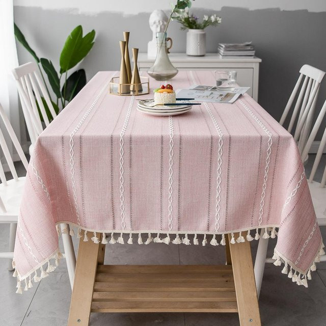 YT Daily Necessities Tischdecke aus Baumwollleinen mit Streifen und Quasten, rosa, rechteckig, B: 140 cm, L: 260 cm - Bild 1