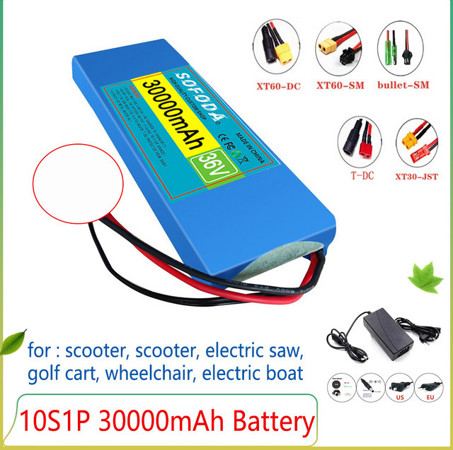 ALalito 36V 30000mAh 10S1P 18650 Lithium-Ionen-Akku mit BMS und 42V 2A Ladegerät in Blau - Bild 1