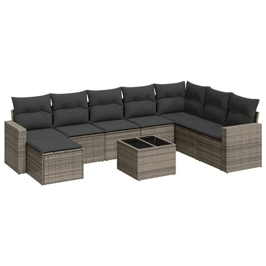 vidaXL 9-tlg. Garten-Sofagarnitur in L-Form aus Poly Rattan und Metall in Grau mit Kissen und Couchtisch - Bild 2