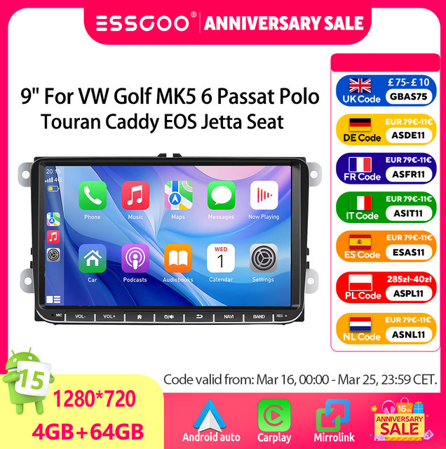 ESSGOO Android 15 Autoradio mit 9 Zoll Display, 4+64G Speicher, GPS, Bluetooth und kabellosem Carplay in Schwarz für VW Golf MK5, Passat, Polo, Touran, Caddy, EOS und Jetta - Bild 1