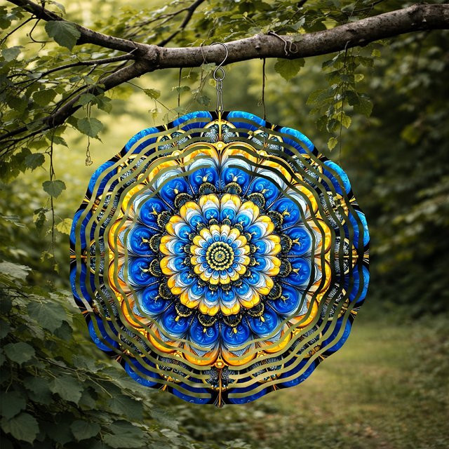 Modernes geometrisches Windspiel von CIFBUY aus Metall in Blau, Gelb und Gold als abstrakte Gartendekoration für den Außenbereich - Bild 1
