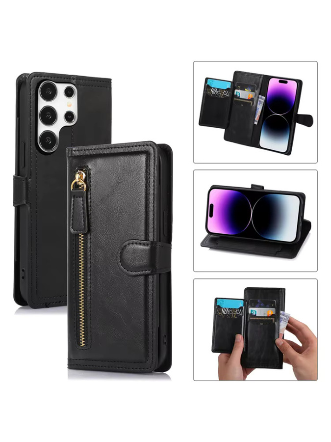 newteneight Lederhülle mit Reißverschluss und Kartenhalter für Samsung Galaxy S25 Ultra S24 S23 S22 S21 Serie in Schwarz und Cyan - Bild 4