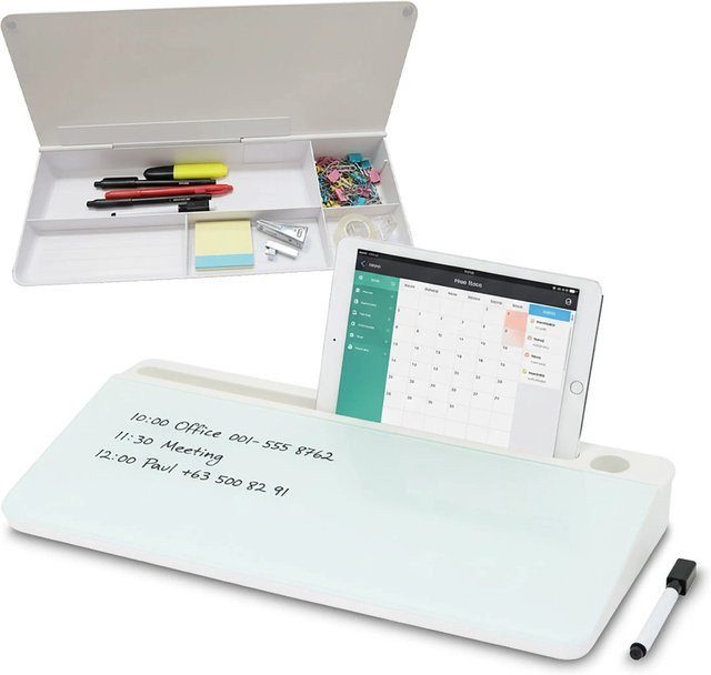 Relaxdays Schreibtisch Organizer aus Kunststoff und Glas in Weiß mit Whiteboard, B/T/H: 40 x 18 x 5,5 cm - Bild 1