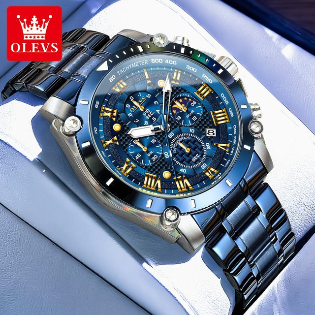 OLEVS Chronograph, Mondphase, Quarz, Edelstahl, Schwarz, Herren - Bild 1