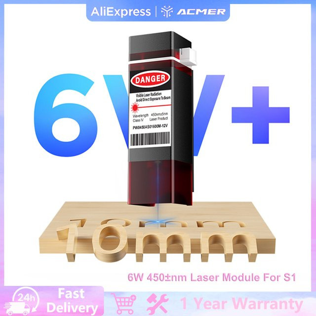 ACMER S1 6W Laserkopf-Set für Mini-Graviermaschinen zum Laserschneiden von Holz und Acryl, Blaulicht-Laserausgangsmodul, Schwarz - Bild 1