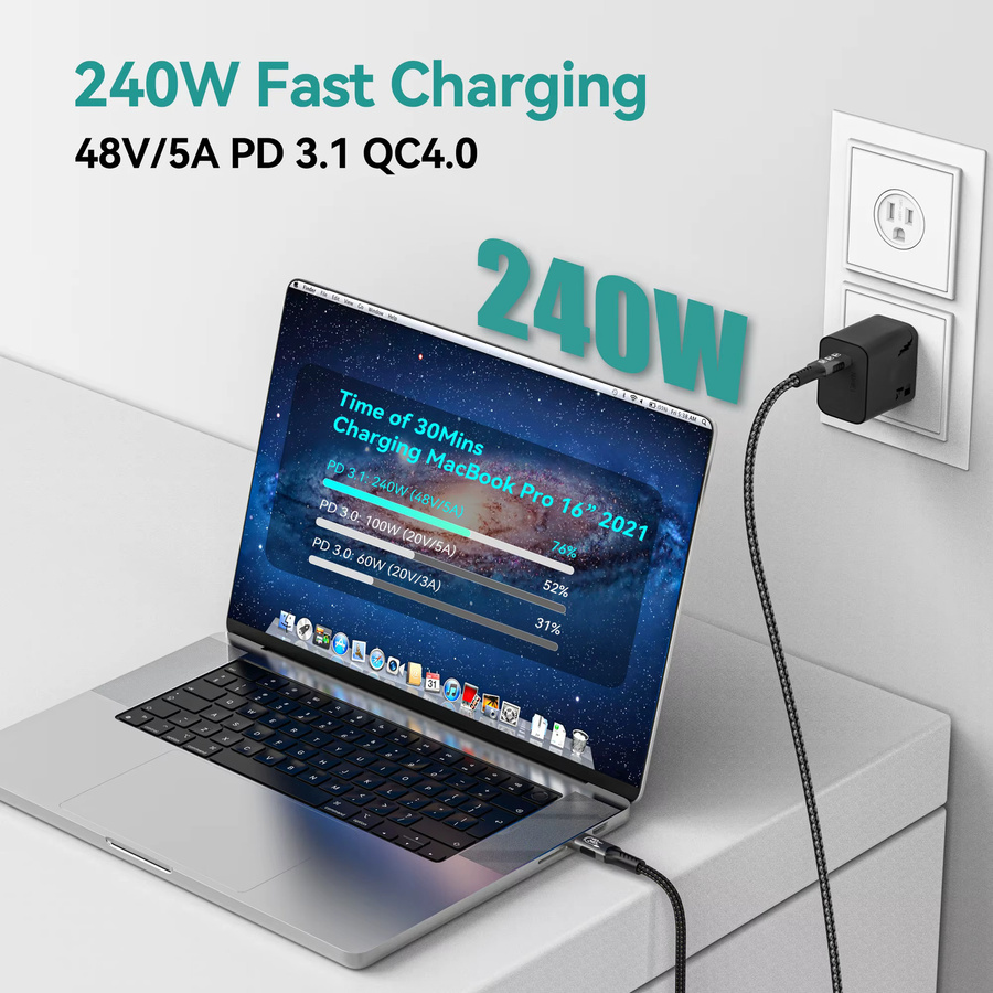 FDBOY USB4-Kabel mit 40 Gbit/s und 240 W Schnellladefunktion, Thunderbolt 4 und Thunderbolt 3 kompatibel, USB-C auf USB-C Datenübertragungskabel in Schwarz - Bild 4