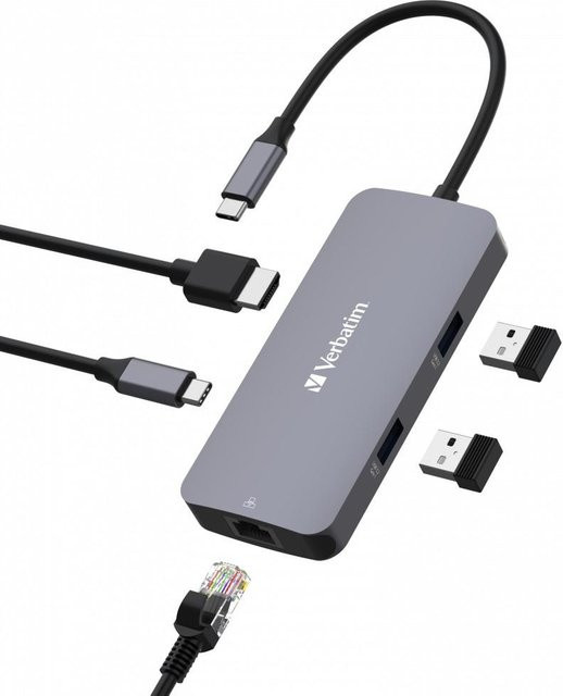 Verbatim USB-C Pro Multiport Hub CMH-05 Dockingstation mit 5 Anschlüssen inklusive HDMI, USB-A und Netzwerk-Anschluss in Schwarz und Grau - Bild 1