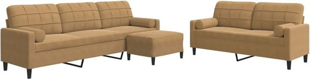 vidaXL 3-teilige Sofagarnitur aus Samt in Braun mit 2-Sitzer, 3-Sitzer und passendem Ottoman sowie Kissen und Nackenrollen - Bild 1