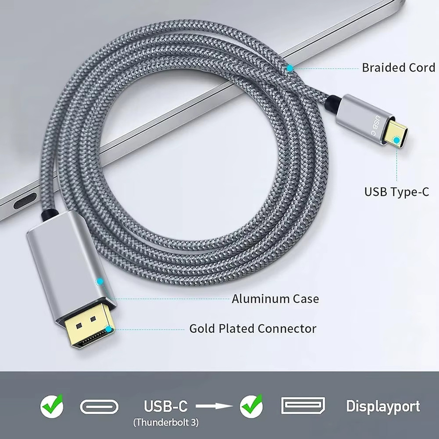 DIXSG USB-C auf DisplayPort 1.4 Kabel, 1,8 m Länge, unterstützt 8K bei 60 Hz und 4K bei 144 Hz, kompatibel mit Thunderbolt 3/4 und MacBook - Bild 3