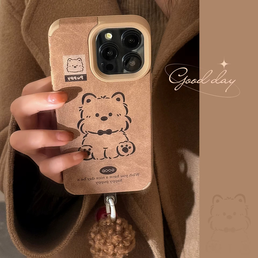 Potdemiel Handyhülle aus Wildleder mit Cartoon-Welpen-Design und Haarball-Anhänger für iPhone 11 bis 16 Pro Max, Farbe: Braun - Bild 2