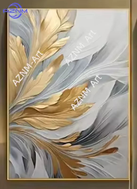 Potdemiel Wandkunst Leinwanddruck mit floralem Blätter-Motiv in Gold und Weiß, Luxus-Gemälde für Wohnzimmer, Schlafzimmer oder Büro - Bild 3