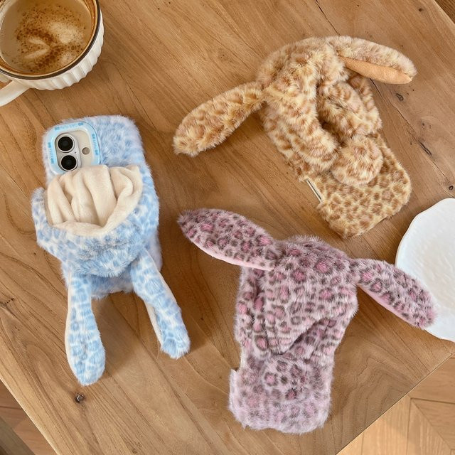 Luxus Plüsch Handyhülle mit Leopardenmuster und Kaninchenohren in Pink für iPhone 17 Pro 16 Plus 15 14 13 Pro Max - Bild 1
