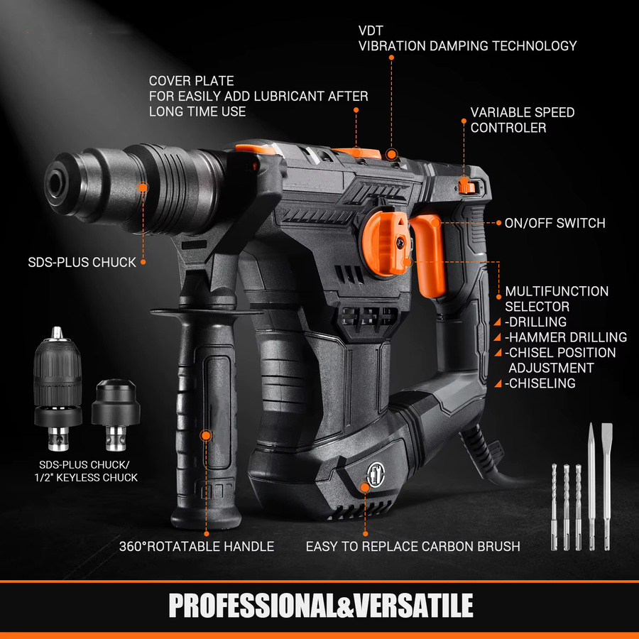 DOVAMAN SDS-Plus Bohrhammer 1500 W mit 4 Funktionen, Bohrern und Meißeln für Beton und Wand inklusive Koffer - Bild 2