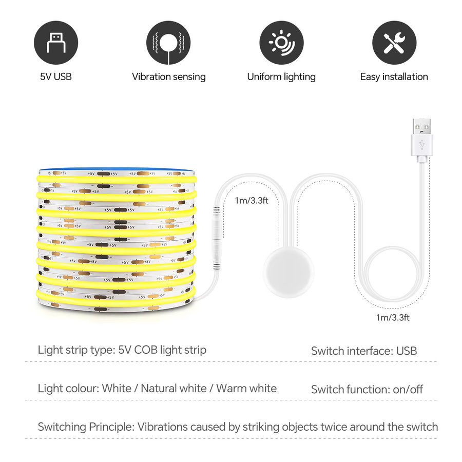 Lcamaw COB LED Streifen mit Vibrationssensor und USB-Anschluss, Weiß, Selbstklebend - Bild 2