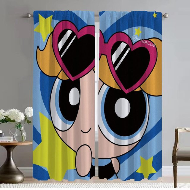 PowerPuff Girls Tüll-Vorhänge Set aus 2 Teilen, halbtransparent, mehrfarbig, B: 50 cm, H: 70 cm - Bild 1
