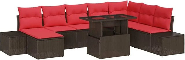 vidaXL Gartensofa-Set aus Polyrattan in L-Form mit 9 Kissen, Ottoman und Couchtisch, Braun und Rot - Bild 1
