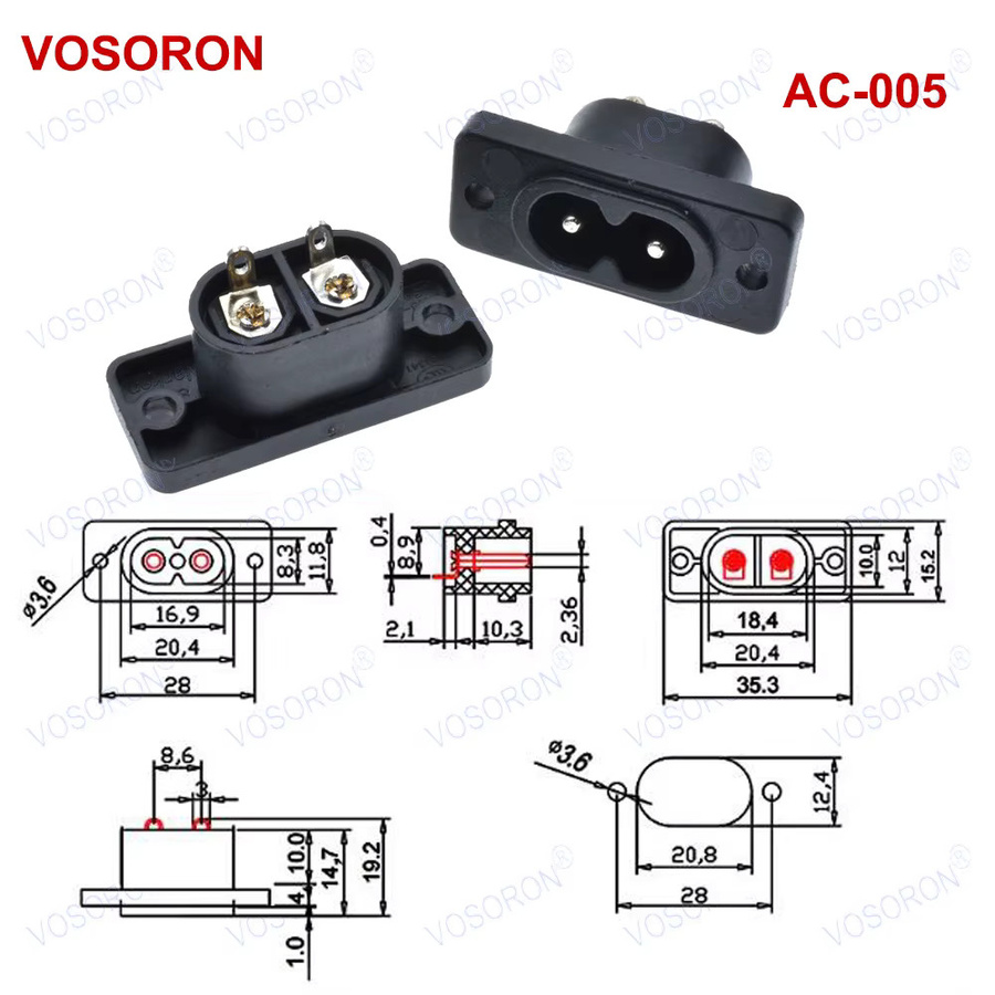 VOSORON 5 Stück IEC 320 C8 Stromeingang, 2-poliger Stecker in Schwarz für Schalttafelmontage an Netzteilen und elektronischen Geräten - Bild 2