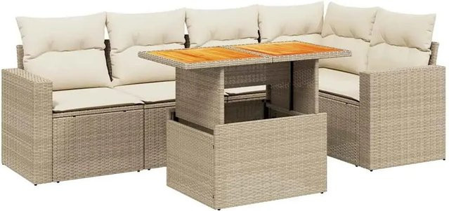 vidaXL 6-teilige L-Shape Garten-Sofagarnitur aus PE-Rattan und Akazienholz in Beige mit Kissen - Bild 1