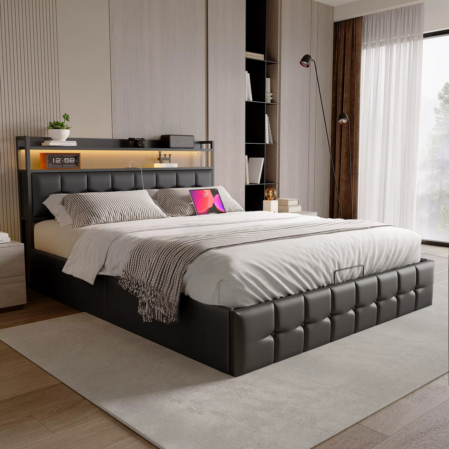 Modernes Polsterbett mit Stauraum und Kopfteil in Grau, Doppelbett mit hydraulischem Lift-up-System aus Kunstleder, B/T/H: 160 x 200 cm - Bild 8