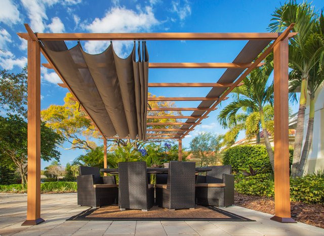 Paragon Outdoor Aluminium Pergola Florenz Pavillon mit ausziehbarem Sonnensegel in Braun, B/T/H: 505 x 350 x 236 cm - Bild 1
