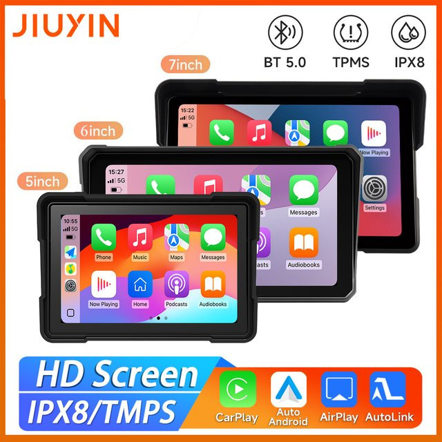 JIUYIN Motorrad-GPS-Navigationsrekorder mit drahtlosem CarPlay und Android Auto, IP67 wasserdichter Multimedia-Player mit Bluetooth, Schwarz - Bild 1