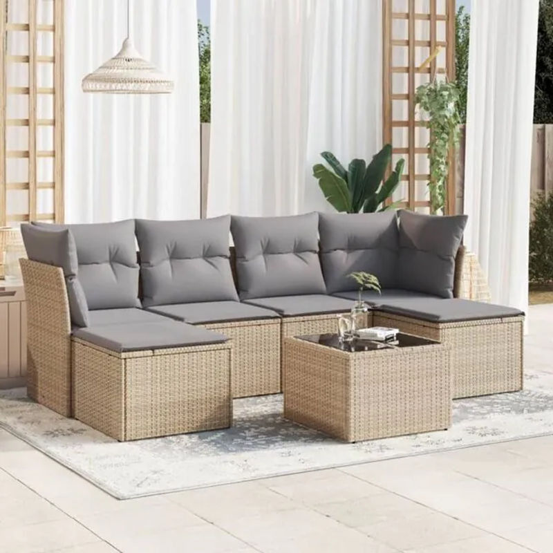 7-tlg. Garten-Sofagarnitur mit Kissen aus Polyrattan in Beige von vidaxl - Bild 1