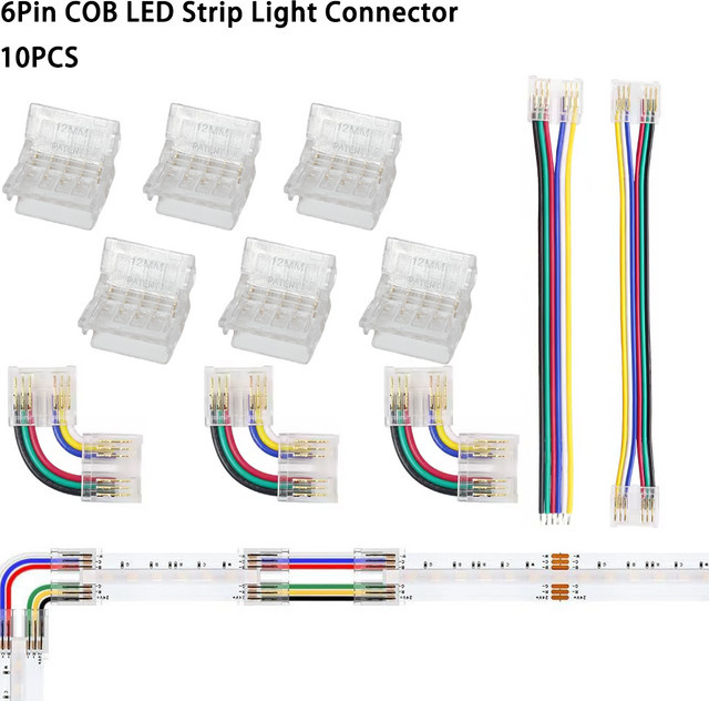 YSRSAI 10er Set 6-Pin COB LED Streifen Licht Stecker, schweißfreie RGBCCT Anschlüsse, transparente Mini Schnalle für 12mm COB LED Streifen - Bild 1