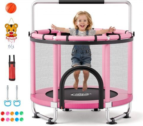VEVOR Mini Trampolin mit Sicherheitsnetz und Haltestange Pink 142cm - Bild 1
