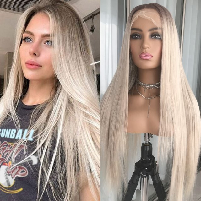 AISOM Ombre Blonde Lace-Front-Perücke, Platinblond, synthetisch - Bild 1