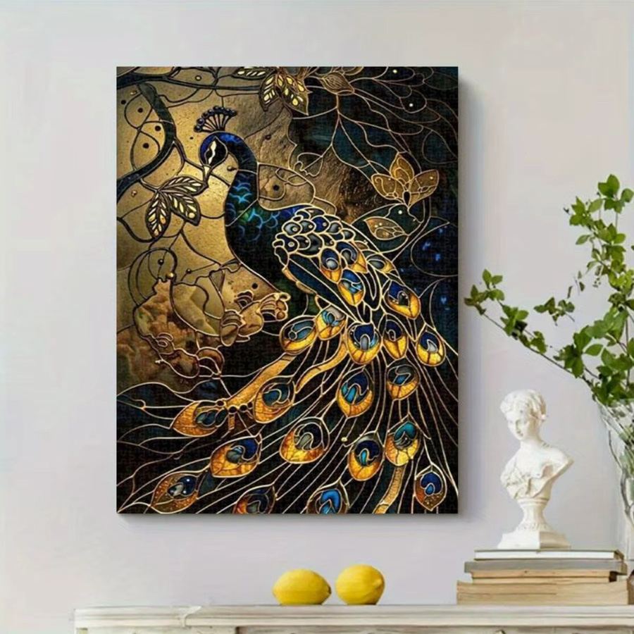 AZNM Pfauenpuzzle aus Buntglas in Blau und Gold mit floralem Art Nouveau Design für Erwachsene - Bild 5
