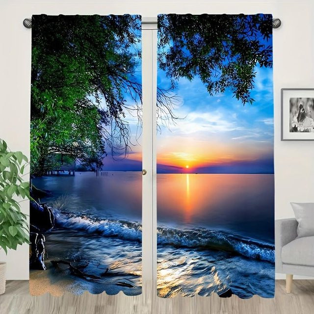 2-teiliges halbtransparentes Vorhangset mit Palmen- und Piratenschiff-Motiv in Multicolour, B/H: 100 x 130 cm - Bild 1