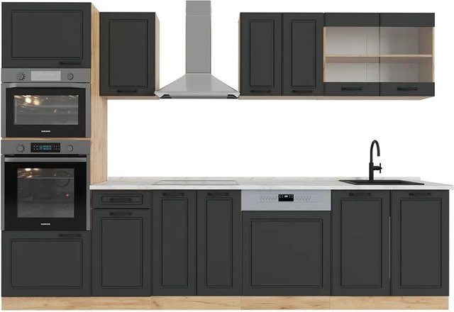 Vicco R-Line Küchenzeile Landhausstil in Anthrazit und Eiche mit Hochschrank und Marmor-Arbeitsplatte, Breite: 300 cm - Bild 1