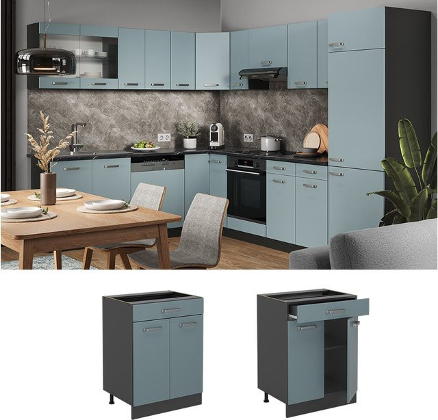 Vicco Küchenunterschrank R-Line Solid Blau mit Anthrazit Korpus Breite: 60 cm - Bild 1