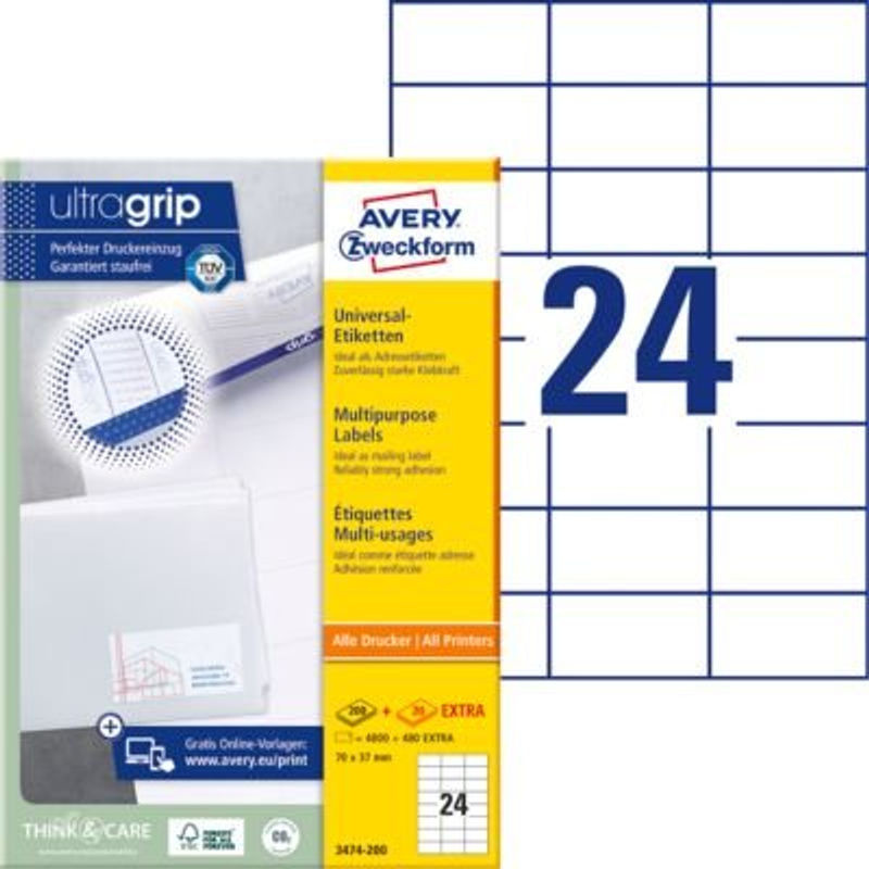 Avery Zweckform Universal-Etiketten 3474-200, Weiß, Papier, B/H: 70 x 37 mm, 5280 Stück - Bild 2