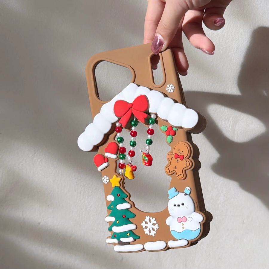 Weihnachtliches 3D Soft Cover für Apple iPhone 17 16 15 14 13 Pro Max mit Lebkuchenmann Schneemann und Elch in Braun inklusive Perlen Anhänger - Bild 5