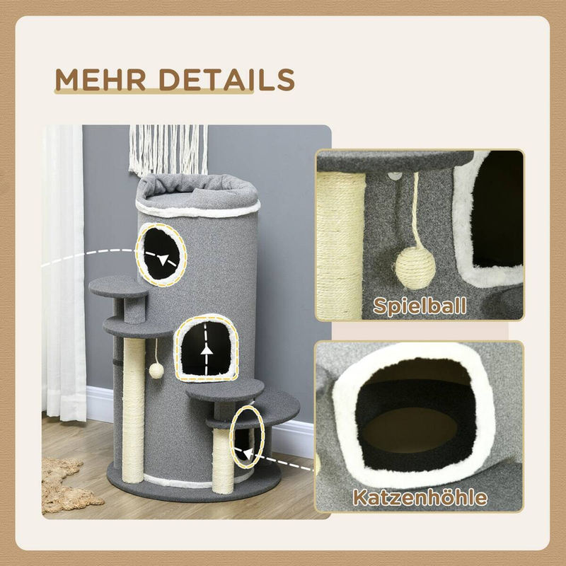 PawHut Kratztonne Grau mit Katzenbett, Spielball und Sisal, B/T/H: 57 x 57 x 99 cm - Bild 2