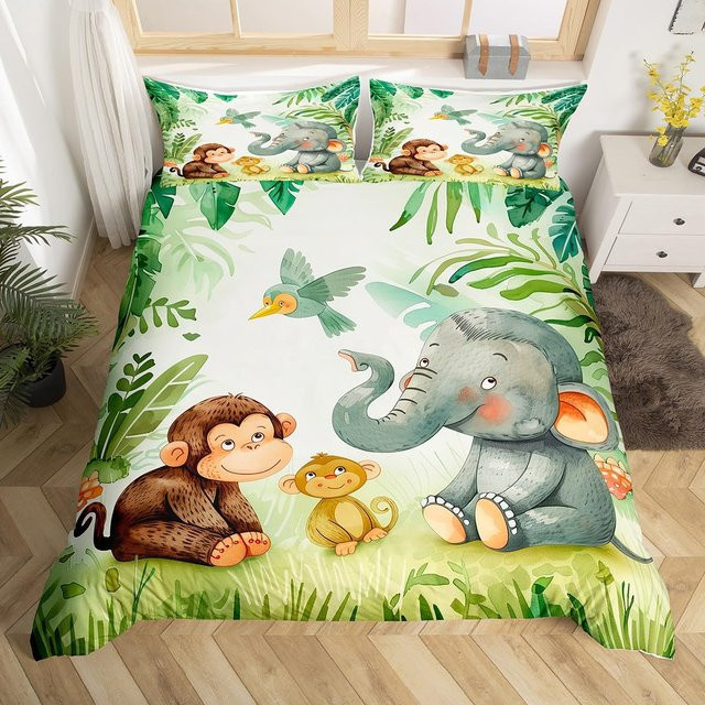 Bettwäscheset mit Affen-Motiv von Binchi Outdoor Product in Gelb, Doppelbett mit Bananen und tropischen Wildtieren, B/H: 172 x 218 cm - Bild 1