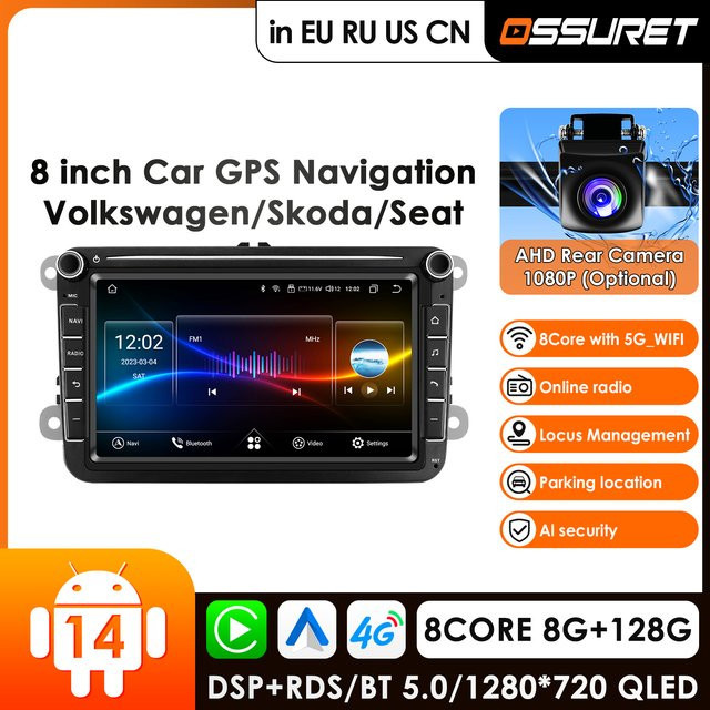 OSSURET Android 14 Autoradio mit GPS und 8 GB RAM + 128 GB Speicher in Schwarz für VW Golf Passat B7 B6, Skoda, Seat Octavia, Polo, Tiguan und Jetta - Bild 1