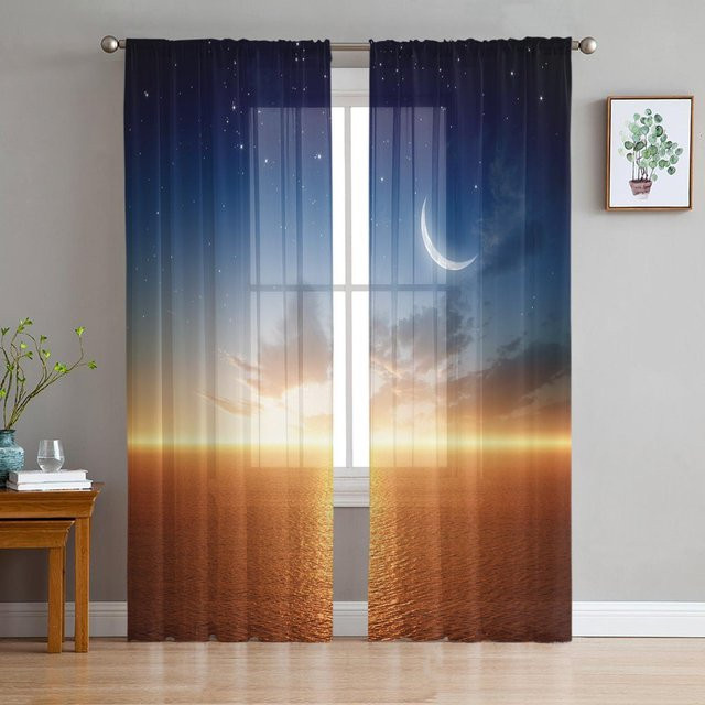 Transparentes Tüllvorhang Design Sternenhimmel mit Mond und Bäumen von Household supplies MH, Farbe Multicolour, B: 100 cm, H: 250 cm - Bild 1