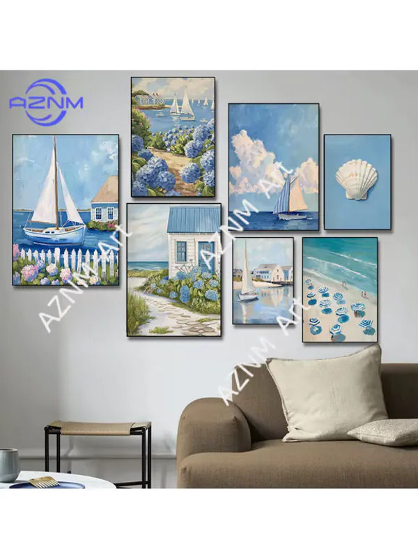 KAYOU Vintage Leinwandbild in Blau mit maritimem Segelboot, Muscheln und floralen Hortensien als Wandkunst für dein Zuhause - Bild 4