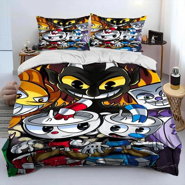 Bettwäscheset Cuphead und Mugman für Kinder und Erwachsene, 3-teiliges Set aus Microfaser mit Bettbezug und Kissenbezug, Mehrfarbig, B/H: 90 x 200 cm - Bild 1