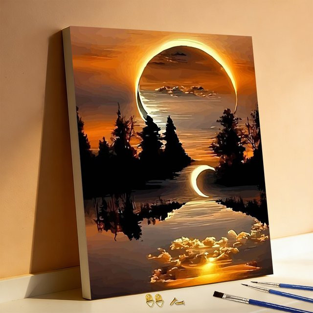 Huacan Malen nach Zahlen Set Sonnenuntergang und Mond Landschaft als DIY Ölgemälde in Multicolor - Bild 1