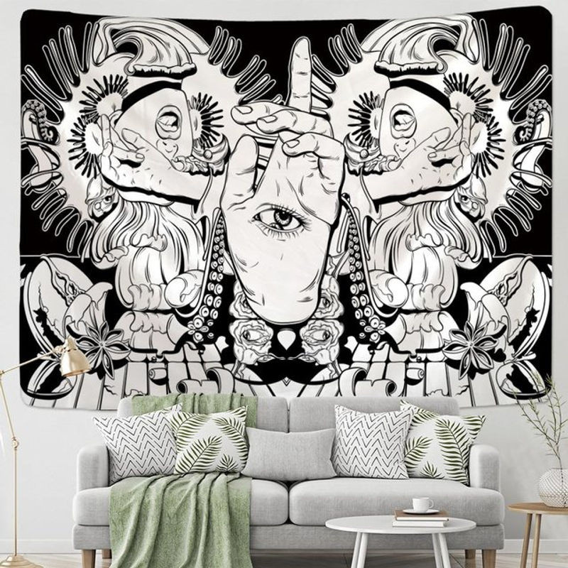 Super Six Wandbehang Psychodelische Tapisserie mit schwarzer Katze, Totenkopf und Mond im Bohemian Stil, mehrfarbig, B/H: 95 x 70 cm - Bild 1