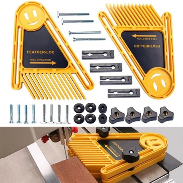 Feather-Loc 2er-Pack Verstellbare Doppel-Federplatte als Sicherheits-Schubblock für die Holzbearbeitung an Tischkreissägen in Blau und Gelb - Bild 1