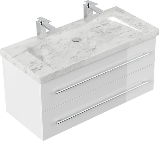 Posseik Badmöbel Yamo mit Marmor Carrara White Waschtisch in Weiß Hochglanz, Breite: 100 cm, Tiefe: 50 cm, Höhe: 45 cm - Bild 1