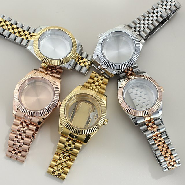 Uhrengehäuse Edelstahl, geriffelt, gebogen, Schiebeschnalle, Saphirglas, 36 mm/39 mm - Bild 1