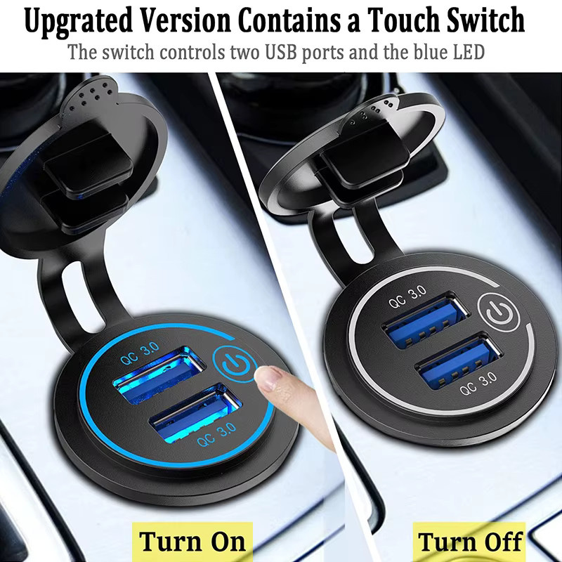 Wasserdichtes Dual USB Auto Ladegerät mit QC3.0 Schnellladefunktion und berührbarem Schalter für 12/24 V in Schwarz - Bild 4