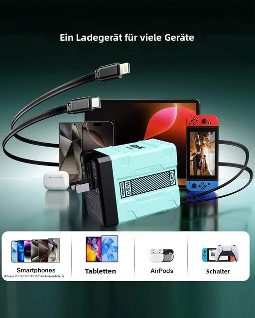 GaN 45W Wandladegerät mit Typ-C-Ausgang und einziehbarem Kabel, tragbares Dual-Port Ladegerät mit bis zu 65W Schnellladefunktion - Bild 1